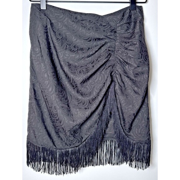 Lulus Womens Small Black Jacquard Fringe Mini Skirt Ruched Speakeasy Party - Picture 1 of 13